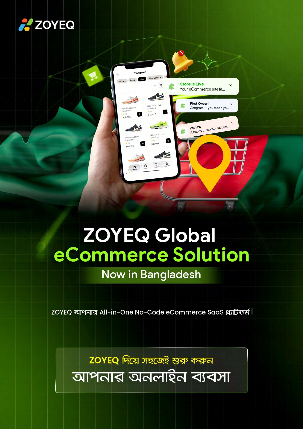 ZOYEQ Global eCommerce Solution in Bangladesh infographic showing mobile app, shopping cart, and text